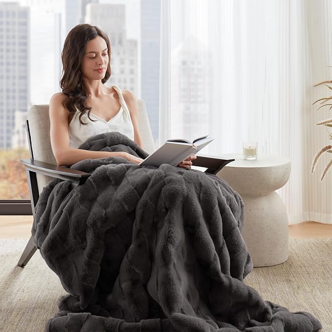 Madison Park Vivienne Faux Fur Throw Blanket Velvet, 50 x 60, Grey | Cozy Warmth for Sofa or Bed, Reversible, Lightweight, OEKO-TEX Certified