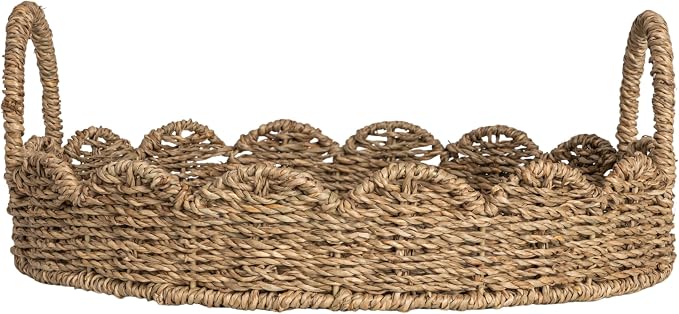 Household Essentials Round Handwoven Seagrass Tray with Scalloped Edge and Handles, Natural