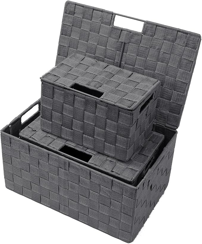 Sorbus Set of 3 Hand-Woven Storage Baskets with Lids – Mesh Organizers for Linen Closet, Shelves, or Home Storage – Variety Pack (Gray)