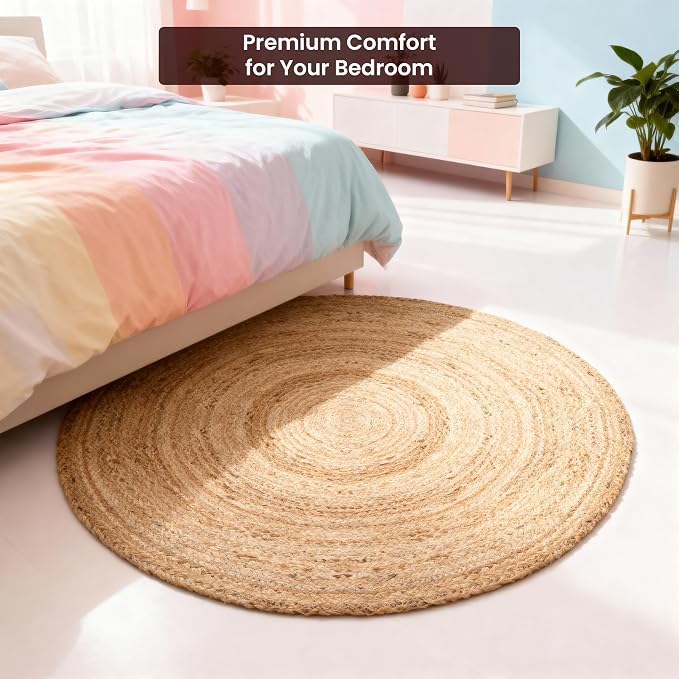 Craft Trade Handwoven Jute Area Rug 3 feet Round Vintage Braided Reversible Farmhouse Rug - Natural, Handmade Boho Charm Eco Friendly Rugs for Bedroom,Kitchen,Living Room-36X36 Inche