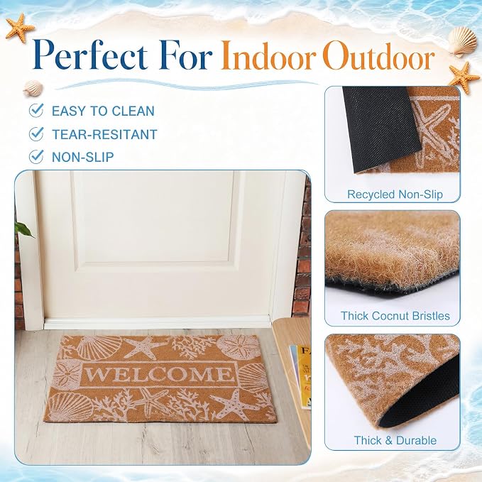 2 Pcs Outdoor Door Mat Combo Set Layered Outdoor Rug and Coir Welcome Doormat Non Slip Outside Floor Mat for Front Porch Entryway Patio Yard Decor(Summer Beach,24'' X 51',18'' X 28'')
