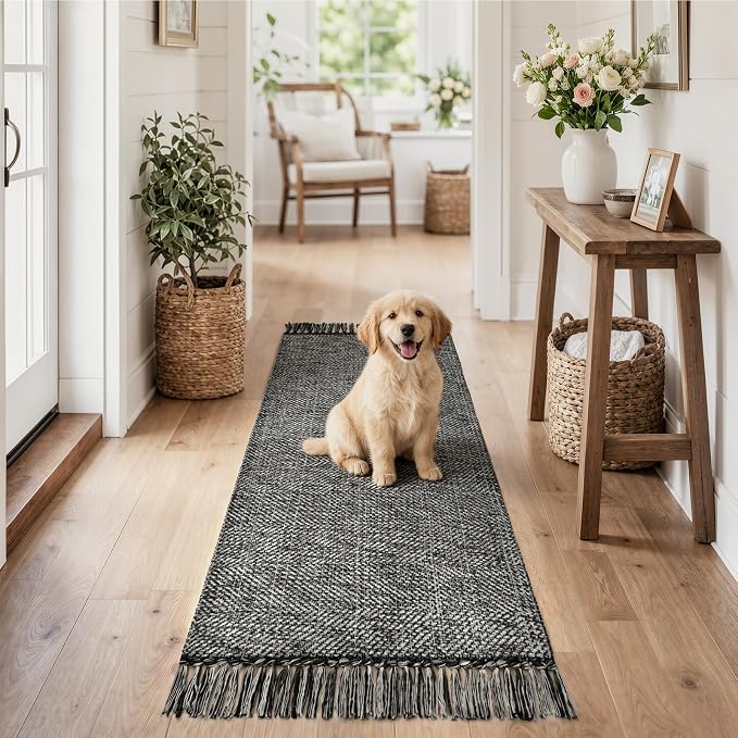 Collive Bathroom Runner Rug, 2' x 5' Modern Farmhouse Kitchen Runner Rug Hand-Woven Entryway Rugs Runners for Hallway, Black Boho Washable Laundry Carpet Indoor Front Door Mat for Bedroom Decor