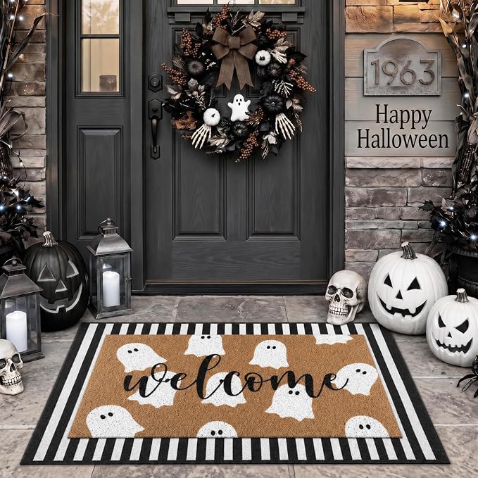 Tinideya 2 Pcs Halloween Door Mat Outdoor Cute Ghost Welcome Doormat for Front Door Non Slip Layered Ghost Coir Floor Mat Black White Stripe Halloween Rug for Outside Front Porch Entryway Decor