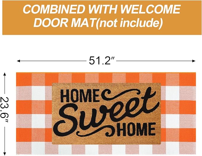 Collive Buffalo Plaid Checkered Outdoor Rug, White and Orange Halloween Fall Decor Door Mat, 2x4.3 Front Porch Rug, Washable Cotton Welcome Mat Layered Doormat Outside Entrance for Kitchen Entryway