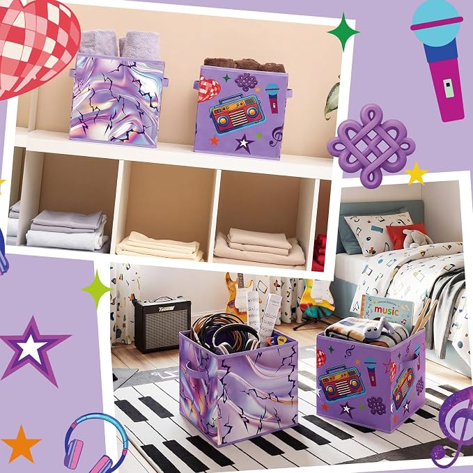 Bokon 2 Pcs Kpop Party Favors 11 Inch Storage Bins Fabric Foldable Storage Basket with Handles Organizing Boxes for Kpop Disco Dance Music Party Decorations