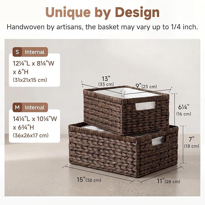StorageWorks Large Wicker Baskets for Storage,Dark Brown Baskets,2-Pack | Hyacinth Dark Brown Wicker Baskets with Handles,Wicker Storage Baskets for Organizing,Wicker Storage Baskets for Shelves
