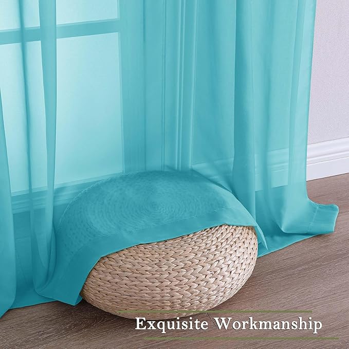 Lecloud Turquoise Sheer Curtains 108 Inches Long 2 Pcs, Rustic Farmhouse Dual Rod Pocket Window Curtains for Living Room, Bedroom Decor Light Filtering Soft Airy Drapes, Each Panel 59" W x 108" L
