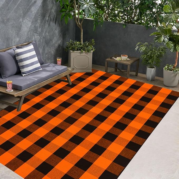 Buffalo Plaid Outdoor Rugs, 4' x 6' Orange and Black Checkered Indoor/Outdoor Area Rug, Layering Rug for Hello/Welcome Door Mat, Washable Cotton Woven Farmhouse Mat for Fall Front Porch Décor