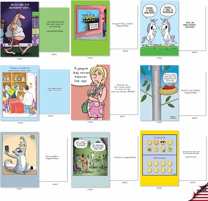 NobleWorks 36 Assorted Funny Retro Cartoon Style Birthday Cards Bulk Box Set with Envelopes (36 Designs, 1 Each) Mixed Humor Card Variety Pack for Men and Women Cartoon Party AC9374BDG-B1x36