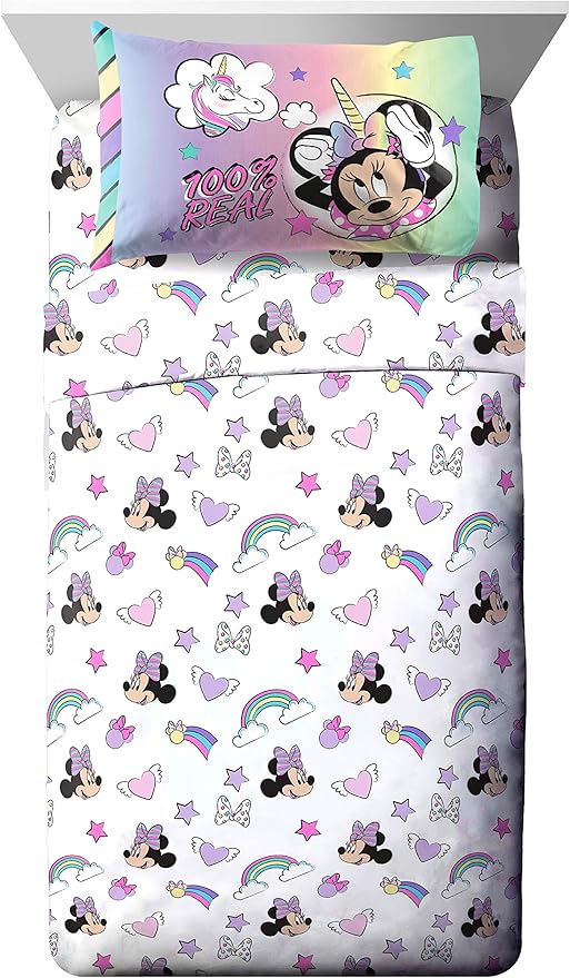 Disney Minnie Mouse Full Size Comforter Set 7 Piece Kids Bedding, Pink | Unicorn, Comforter Sheets Shams Pillowcases, Official Product, Soft Microfiber, Machine Washable, Girls Gift