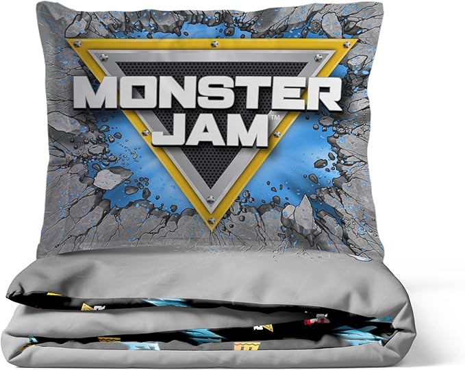 Jay Franco Duvet Cover Set – 3 Piece Comforter Cover and Sham Set, Super Soft Cozy Kids Bedding (Insert Not Included) Grey - Monster Jam, Queen