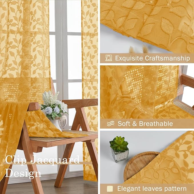 Chyhomenyc Gold Sheer Curtains 30 Inch Length, Light Filtering Leaf Tufted - Image 6