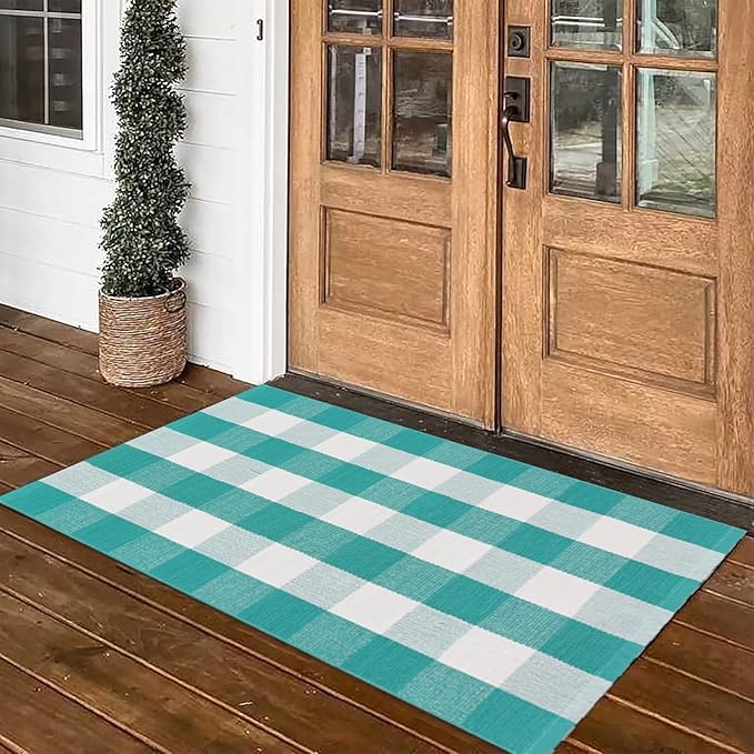 Spring Rugs Green and White Plaid, 28” x 43” Area Rug Outdoor Indoor Easter Front Porch Door Mats Cotton Hand-Woven Layered Doormat for Entryway Patio Entryway Laundry Bedroom Living Room