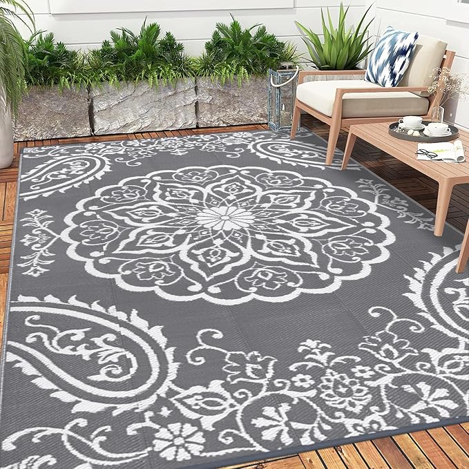 Pauwer Outdoor Rug 9x12, Waterproof Plastic Straw Camping Rug, Boho Grey | Reversible Patio Rug, UV Resistant Indoor Outdoor RV Mat Carpet For Deck, Camper, Porch, Balcony, Backyard, Picnic, Foldable