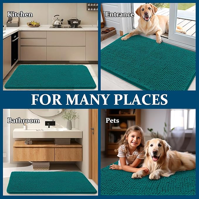 OLANLY Dog Door Mat for Muddy Paws 40x24, Absorbs Moisture and Dirt, Absorbent Non-Slip Washable Doormat, Quick Dry Chenille Mud Mat for Dogs, Entry Indoor Entryway Carpet for Inside Floor, Lake Blue