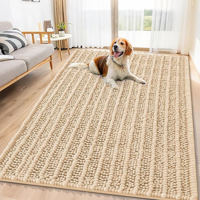 Smiry Dog Door Mat for Muddy Paws 71x46, Absorbent Dirt Trapper, Non-Slip Washable Chenille Entryway Rug for Inside Floor, Beige, Layered Pattern