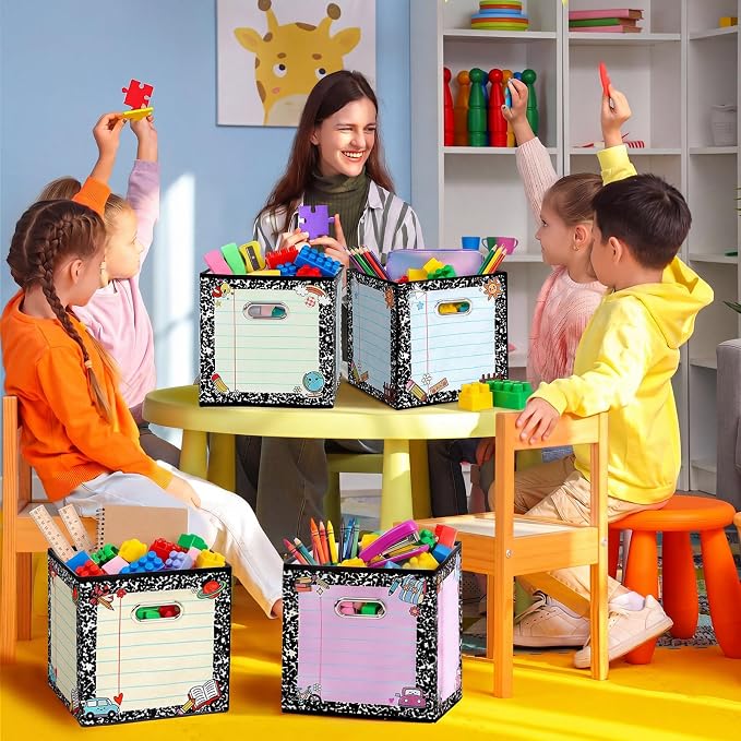 Gerrii 6 Pack 11 Inch Composition Notebook Fabric Classroom Storage Bins Pastel Foldable Cube Storage Bins Organizing Baskets with Handles for Back to School Daycare Elementary Preschool Decor