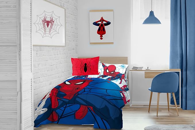 Marvel Spiderman Twin Comforter Set 5 Piece Kids Bedding for Boys, Blue | Bed in a Bag, Comforter Sheets Sham Pillowcase, Official Brand, Soft Microfiber, Machine Washable, Easy Care, Boys Gift