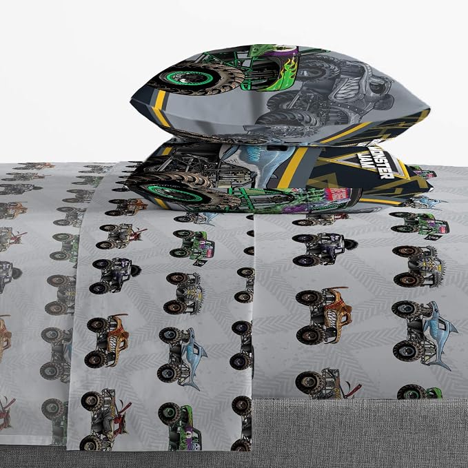 Jay franco Monster Jam MJ Life 5 Piece Full Bed Set-Includes Reversible Comforter&Sheet Set-Bedding Features Grave Digger, Max-D, Megalodon-Super Soft Microfiber-(Official Monster Jam Product) | Grave Digger Megalodon, Bed in a Bag, Comforter Sheets Pi...
