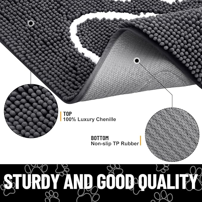 Smiry Dog Door Mat for Muddy Paws, Absorbent Dirt Trapper Non Slip Quick Dry Washable Chenille Mat for Mud Dogs, Entry Rug for Indoor and Outdoor (30x20 Inches, Dark Grey and White)