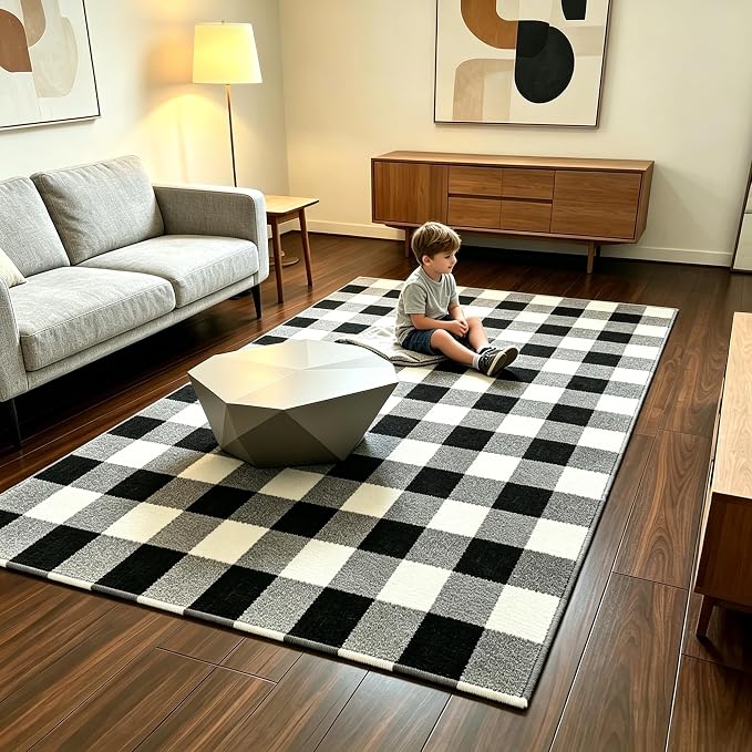 Buffalo Plaid Rug 4' x 6' Black and White Front Door Mat Reversible Layered Porch Rug Washable Hand Woven Cotton Area Rug for Indoor Outdoor Living Room Dining Room Bedroom Kitchen Porch Decor