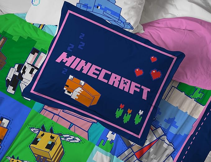 Minecraft Twin Comforter Set 5 Piece Soft Kids Bedding for Girls, Multi | Bed in a Bag, Comforter Sheets Sham Pillowcase, Official Brand, Soft Microfiber, Machine Washable, Easy Care, Girls Gift