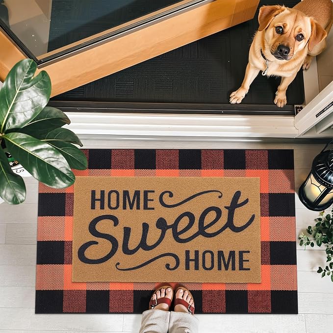 OLANLY Buffalo Plaid Rug 2'4" x 3'7" (27.5" x 43") | Orange and Black Cotton Checkered Doormat, Washable Indoor Outdoor Rug for Layered Front Porch, Kitchen, Entryway Decor