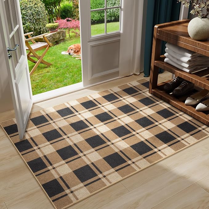 AROGAN Plaid Jute Rug 3x5, Washable Indoor Outdoor Rug, Black and Brown Checkered Farmhouse Rug, Non-Slip Low Pile Carpet for Patio, Living Room, Kitchen, Entryway