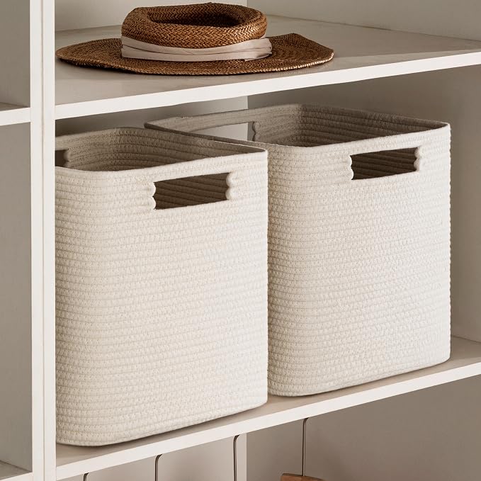 UBBCARE Set of 4 Storage Cubes-11 X 10.5 X 10.5 In, Cotton Rope Basket for Shelves, Toys, Book, Cube Storage Bin with Handles, Woven Storage Basket for Organizing, Beige
