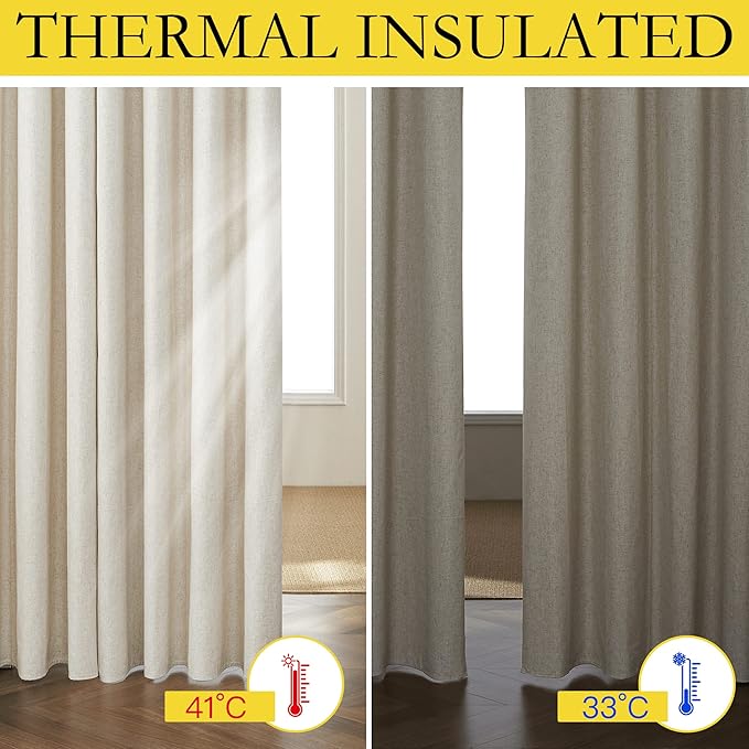 NICETOWN Natural Full Blackout Boho-Chic Linen Curtains 90 inch Long 2 Panels Set for Cafe Window, 34 inch Wide, Thick Linen Blend Drapes, Insulated Window Covers Draperies with White Backing
