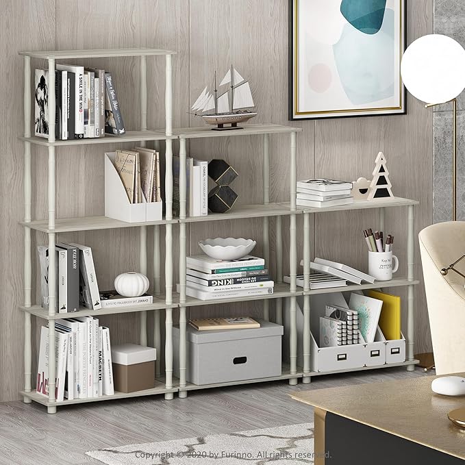 Furinno Turn-N-Tube 3-Tier Compact Multipurpose Shelf Display Rack with Classic Tube, Sonoma Oak/White | Open Shelves Corner Shelf, Book Shelf, for Organization and Storage, Living Room, Garage, Home Office