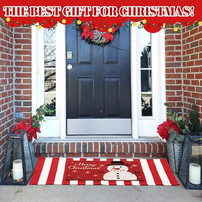 2 Pcs Outdoor Door Mat Combo Set Layered Outdoor Rug and Coir Welcome Doormat Non Slip Outside Floor Mat for Front Porch Entryway Patio Yard Decor(Snowman,24'' X 51',18'' X 28'')