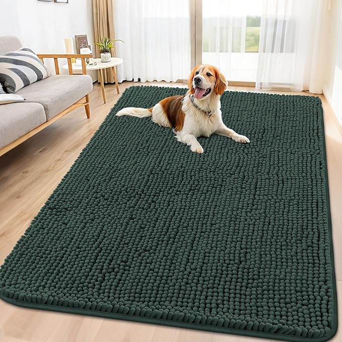 Smiry Dog Door Mat for Muddy Paws 59x35, Absorbent Dirt Trapper, Non-Slip Washable Chenille Entryway Rug for Inside Floor, Green, Classic Solid