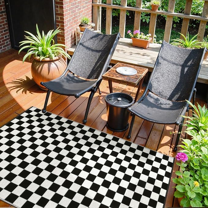 Seavish Black and White Outdoor Checkered Rug, 3x5 Layered Front Door Mat | Cotton Woven Washable Moroccan Checkerboard Rugs, Reversible Floor Mat for Bedroom Entryway Porch Patio Dorm