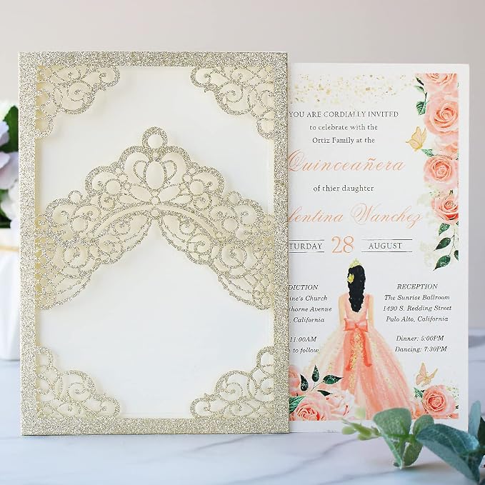 Hosmsua 50PCS 5.1x7.3 Inch Blank Champagne Glitter Quinceanera Invitations Kit Laser Cut Floral Crown Pocket Quinceanera Invitation Cards with Envelopes for Birthday Bridal Shower Quince Invite