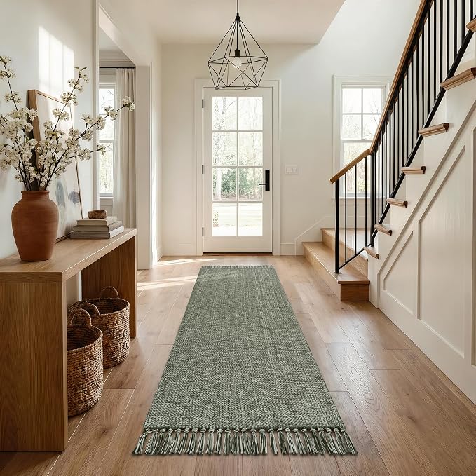 Collive Boho Hallway Runner Rug, 2.6' x 7' Sage Green Bathroom Mats Washable Modern Farmhouse Kitchen Runner Rugs, Hand Woven Entry Hall Carpet for Laundry Bedroom Decor