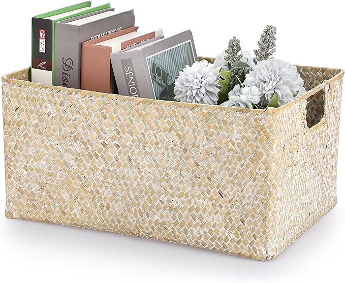 Hipiwe Wicker Shelf Baskets Seagrass Storage Opened Baskets Bin with Handle | Rectangular Closet Bedroom Basket Organizer Box, Multipurpose Woven Basket Home Organizer, Whitewash 14.6"x 10.6" x 7"