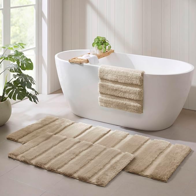 Madison Park Tufted Pearl Channel Absorbent Bathroom Rugs Non Slip Washable Bath Mat Shaggy Rugs For Bathroom Bedroom Plush Thick Soft Machine Wash Rubber Back Wheat 17x24" 1 piece