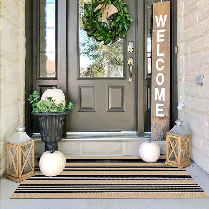 IOHOUZE Striped Area Rug 2'x4.3' Tan and Black Front Door Rugs Small Washable Area Rug for Front Porch, Spring Summer Welcome Door Mats Outdoor Indoor, Doormat for Entryway Porch Entrance