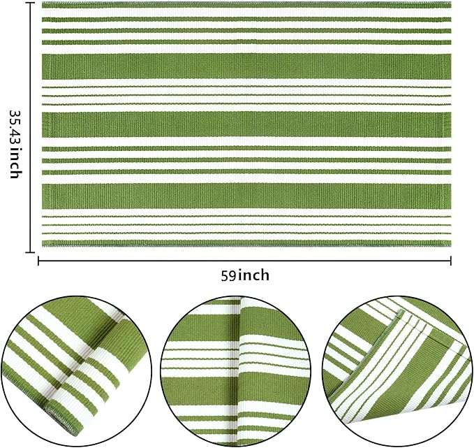 BUAGETUP Green and White Outdoor Rug 3'x 5' Cotton Woven Washable Rug Striped Front Porch RugIndoor/Outdoor Area Rug Floor Mat for Farmhouse/Layered Door Mats/Living Room