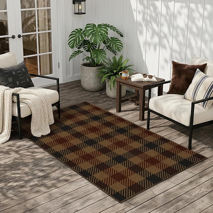 3x4 Entryway Door Mat Indoor – Washable Non Slip Small Rug for Front Door, Kitchen Sink, Mudroom, Garage Entry, Low Profile Easy Clean Farmhouse Plaid Floor Mat