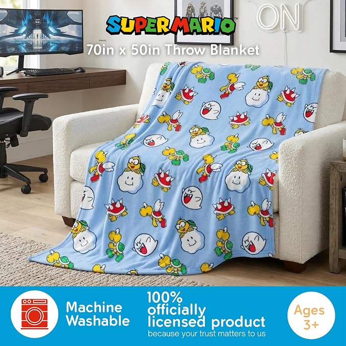 Super Mario Gaming Throw Blanket 70 in x 50 in – Kids Soft Cozy Plush for Couch, Bed & Travel, Featuring Lakitu, Spiny, Boo & Koopa (Officially Licensed Product) by Franco