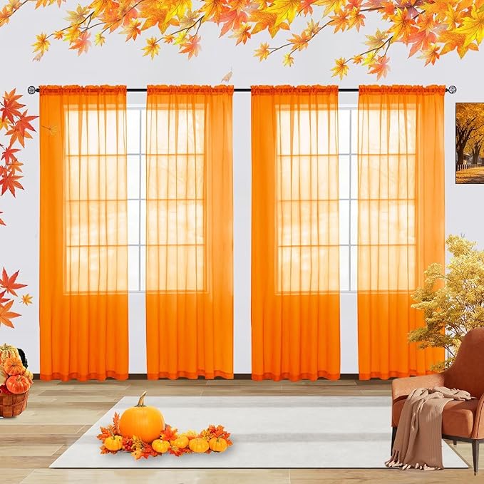 youleyar Solid Sheer Rod Pocket Curtain Voile Draperies 4 Panels White Beige Black Grey Ivory 52 Inch Width 63 Inch Long 1 Pair for Kitchen Bedroom Children Living Room Yard(Orange,52 Wｘ63 L)