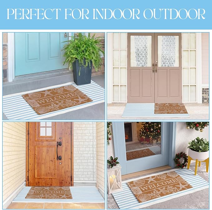 2 Pcs Outdoor Door Mat Combo Set Layered Outdoor Rug and Coir Welcome Doormat Non Slip Outside Floor Mat for Front Porch Entryway Patio Yard Decor(Summer Beach,24'' X 51',18'' X 28'')