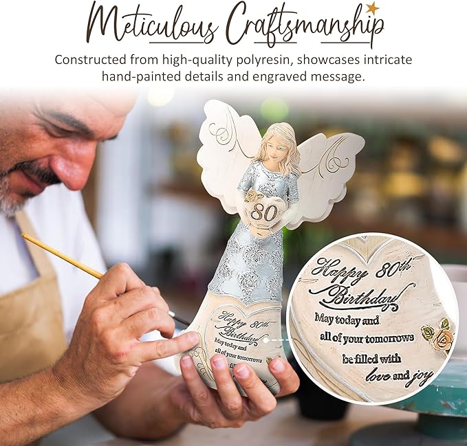 Pavilion 'Happy 80th Birthday' 82475 Elements Angels - Polyresin Birthday Angel Figurine - Silver Hand-Painted Remembrance and Keepsake Gift Angel for Grandmothers, Mothers, Aunts, Friends, Women
