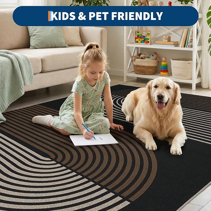 GarveeHome Modern Rainbow Easy Jute Rug 5x7, Washable Area Rugs for Living Room Farmhouse Dining Room, Contemporary Natural Non Slip Non Shedding Floor Carpet for Office RV Patio