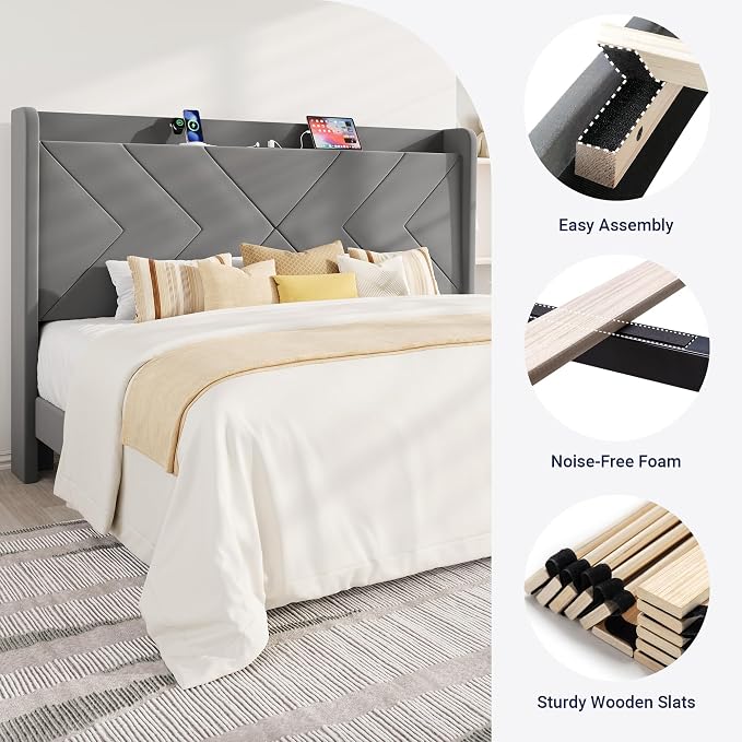 Allewie King Size Platform Bed Frame with USB Charging Station and Storage Shelf/Upholstered Velvet Wingback Headboard/Wooden Slats Support/No Box Spring Needed/Easy Assembly, Grey