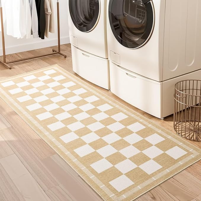 Vasofe 2x6 Runner Rug for Hallway, Checkered Jute Runner Rugs, Washable Rug | Outdoor Indoor Patio Porch Balcony Bedroom Kitchen Laundry Geometric Mat, Non Slip Plaid Farmhouse Carpet, Khaki and White