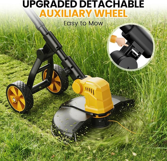 14-Inch Cordless String Trimmer with Wheels, 2x3.0Ah 21V Battery Powered Weed Eater, Electric Lawn Mower Weed Wacker, Brush Cutter Grass Trimmer for Garden Yard