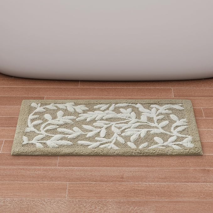 Madison Park Serene Tufted Bath Rug Cotton Absorbent, 21 x 34, Taupe | Quick Dry, Soft Pile, Machine Washable, Floral Pattern, Plush, OEKO-TEX Certified